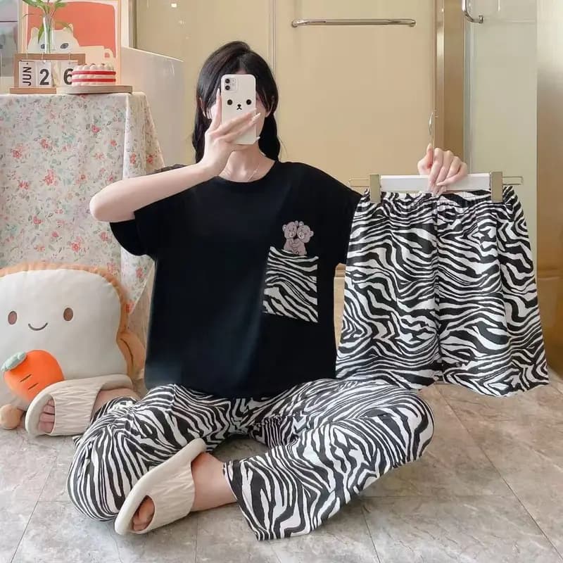 ست سه‌تکه راحتی زنانه نخ پنبه طرح گورخری | بلوز، شلوار و شورتک