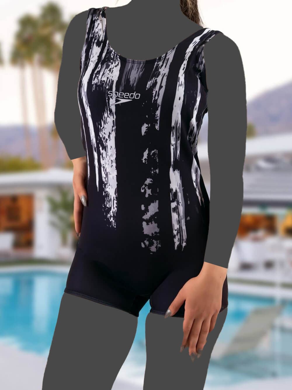 لباس شنا زنانه پادار نیمه پوشیده مشکی با خطوط طوسی و سفید اسپیدو ( Speedo ) — تصویر ۳