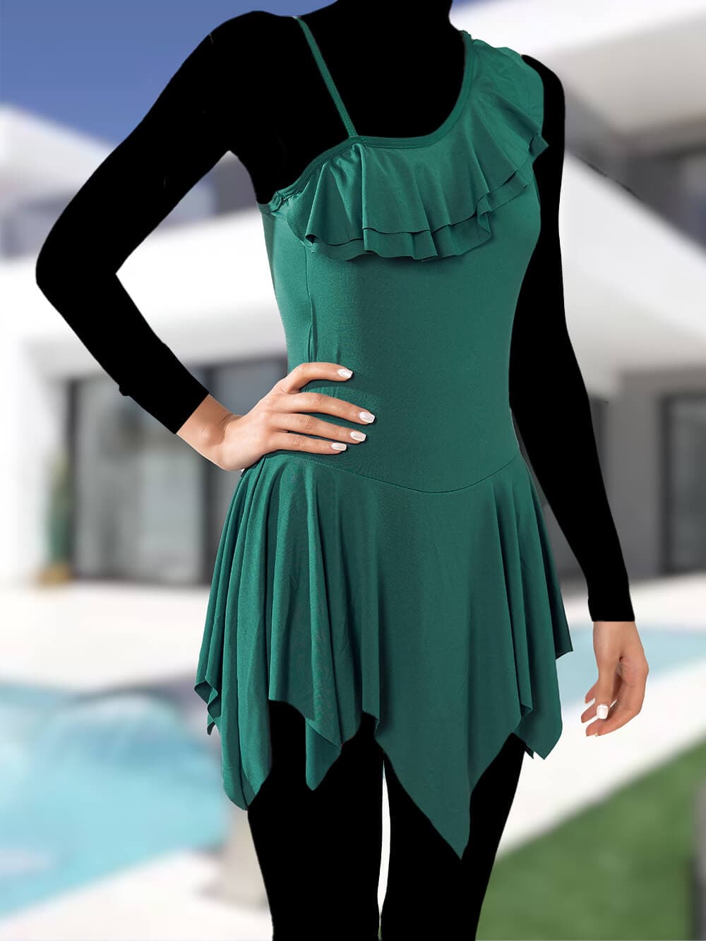 مایو زنانه دامنی یقه رومی فانتزی جدید شیک سبز رنگ اسپیدو ( Speedo ) برای استخر — تصویر ۳