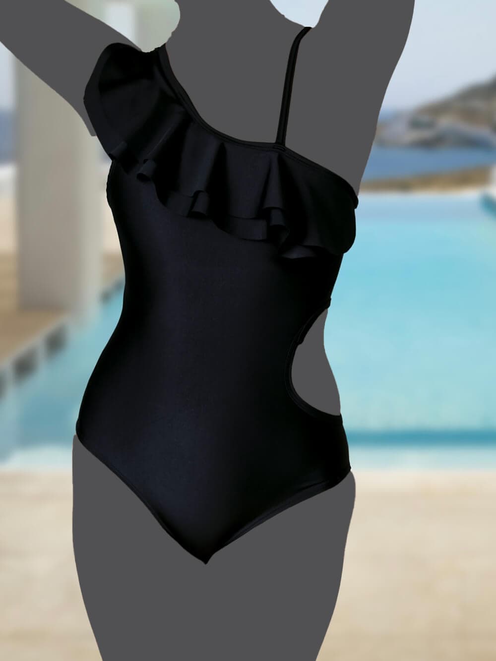 مایو زنانه فانتزی و جدید بصورت یقه چین دار رومی با کاپ اسپیدو ( Speedo ) مشکی — تصویر ۳