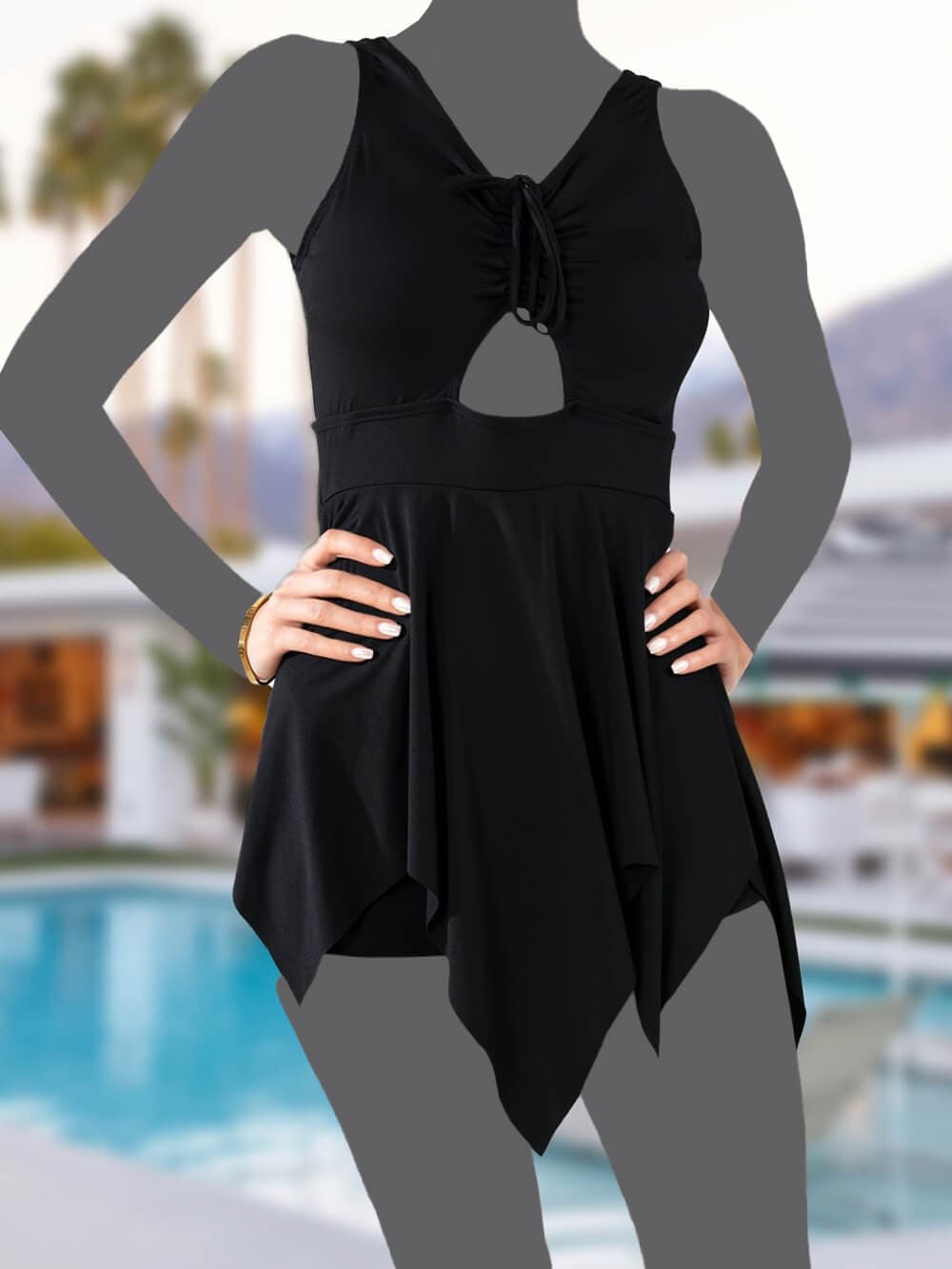 مایو دامندار زنانه فانتزی مشکی رنگ و کاپدار اسپیدو ( Speedo ) ضد کلر برای استخر — تصویر ۳