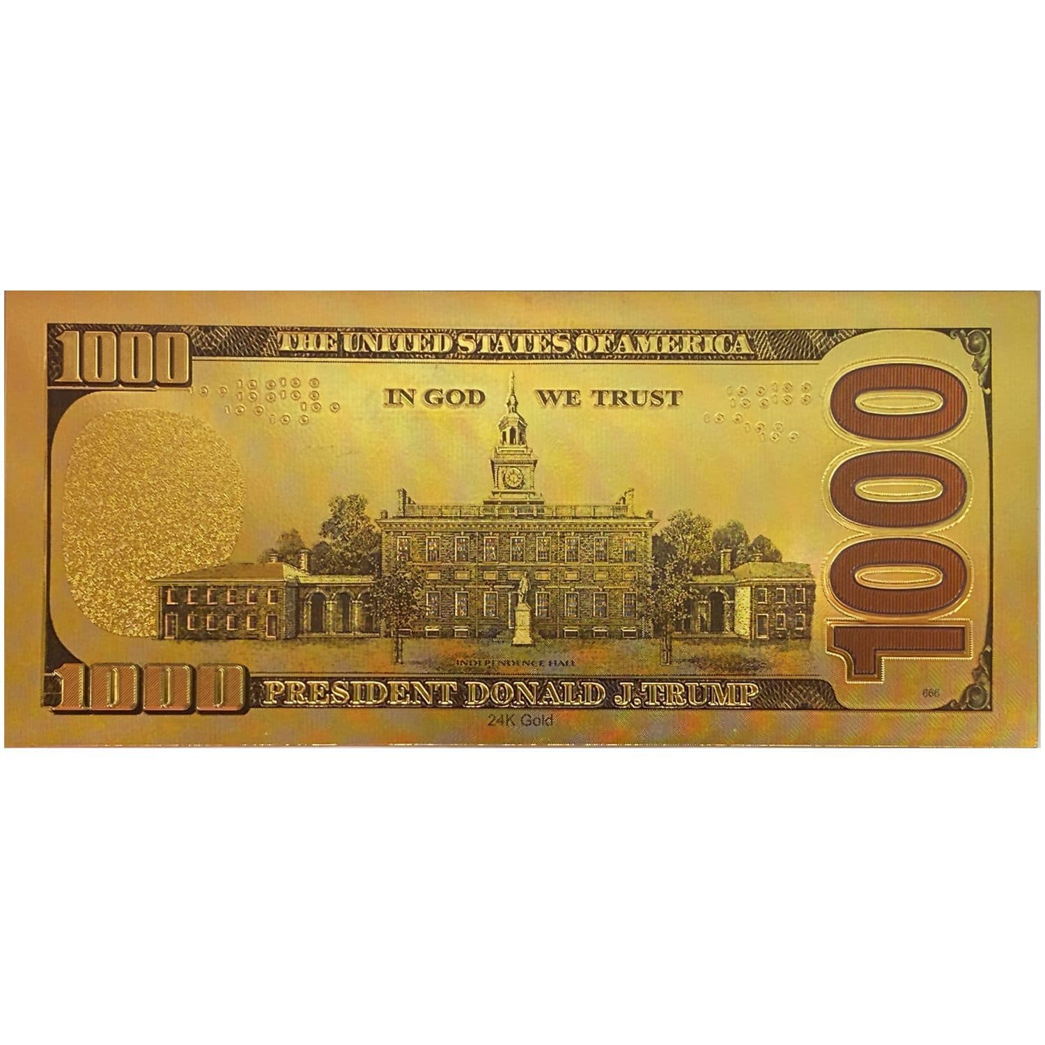 اسکناس 1000 دلار آمریکا طرح دونالد ترامپ روکش آب طلا — تصویر ۴