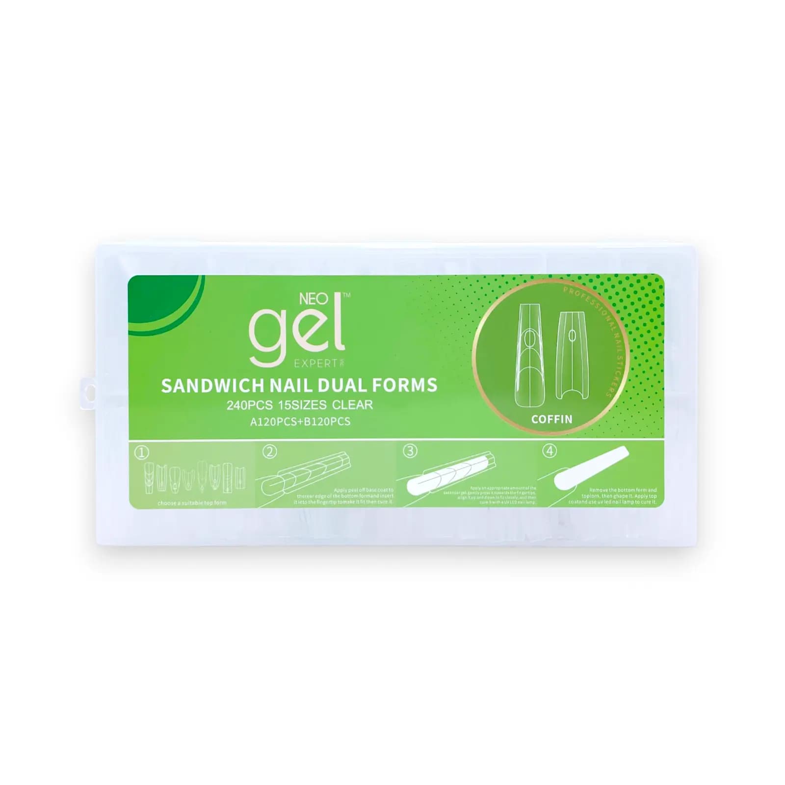 قالب کاشت ناخن ساندویچی نئو ژل اکسپرت NEO gel EXPERT فرم کافین(COFFIN) (گلدانی) | دوال فرم ۲۴۰ عددی شفاف در ۱۵ سایز