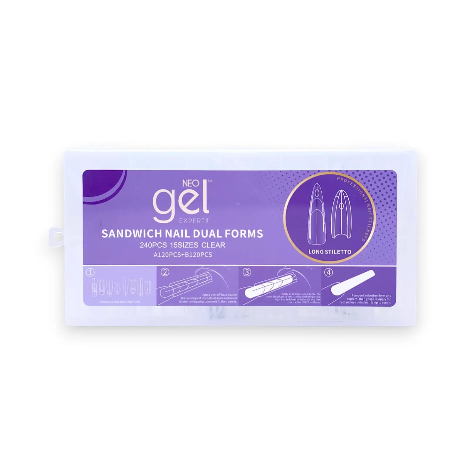 قالب کاشت ناخن ساندویچی نئو ژل اکسپرت NEO gel EXPERT فرم استیلتو بلند(LONG STILETTO) | دوال فرم ۲۴۰ عددی شفاف در ۱۵ سایز