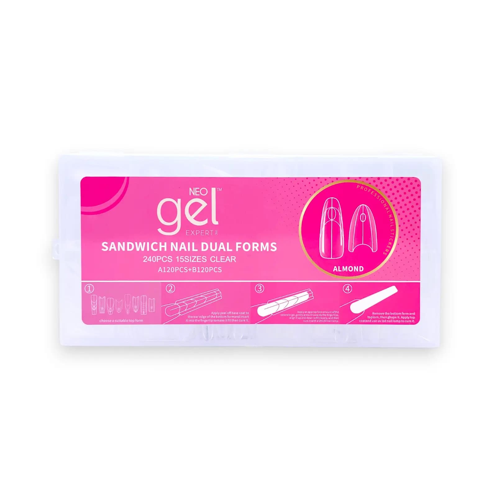 قالب کاشت ناخن ساندویچی نئو ژل اکسپرت NEO gel EXPERT فرم بادامی(ALMOND) | دوال فرم ۲۴۰ عددی شفاف در ۱۵ سایز