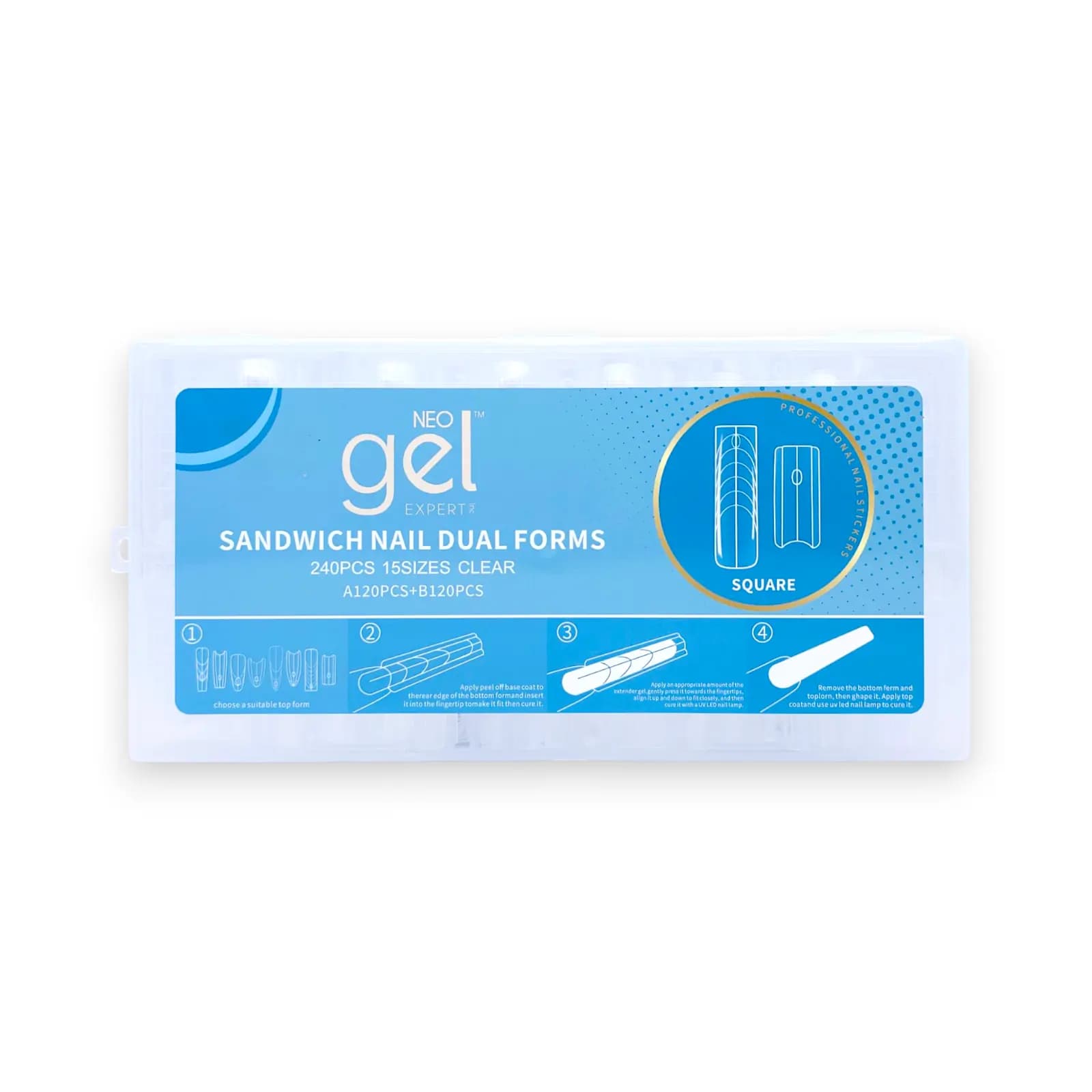 قالب کاشت ناخن ساندویچی نئو ژل اکسپرت NEO gel EXPERT فرم مربع(SQUARE) | دوال فرم ۲۴۰ عددی شفاف در ۱۵ سایز