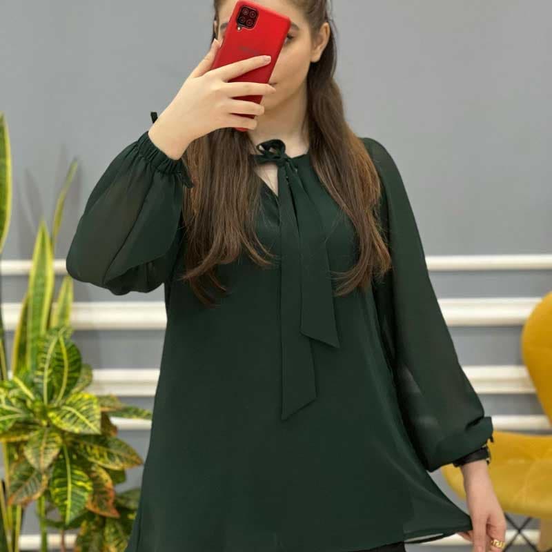 شومیز کرپ حریر آستین پاپیونی — تصویر ۲