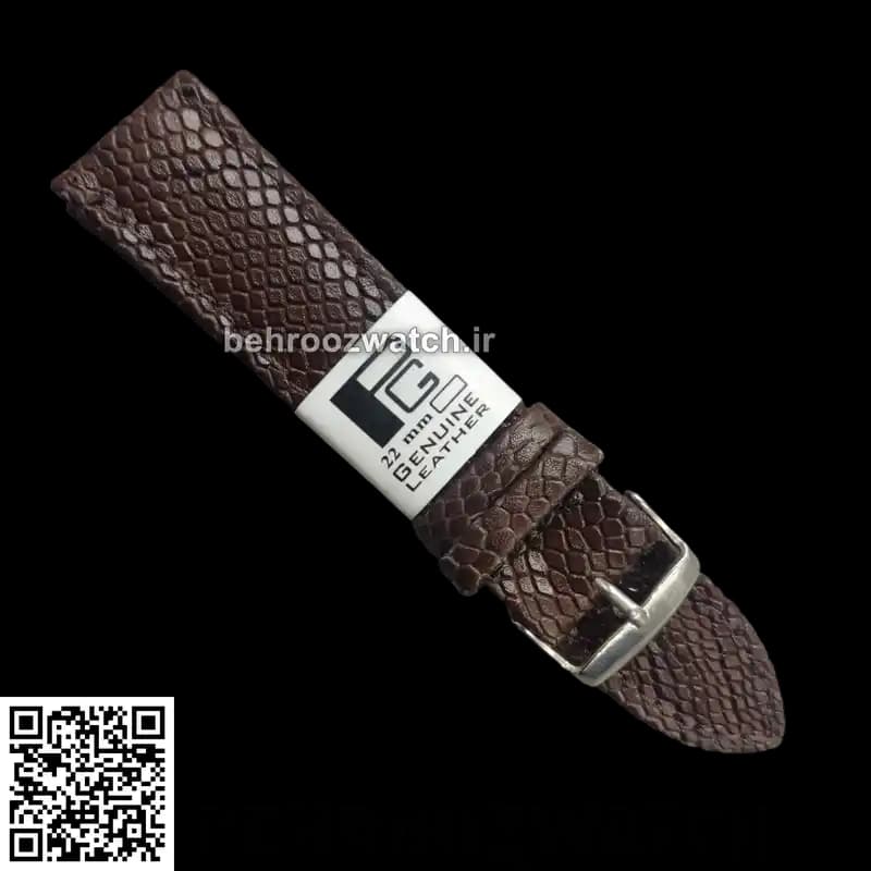 بند ساعت چرم طبیعی PG طرح دراگون قهوه ای تیره سایز 22