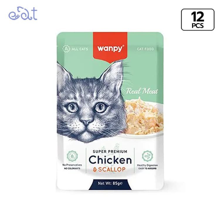 پوچ گربه ونپی با طعم مرغ و صدف مدل Wanpy Pouch Chiken & Scalop وزن 85 گرم (پک 12 عددی)