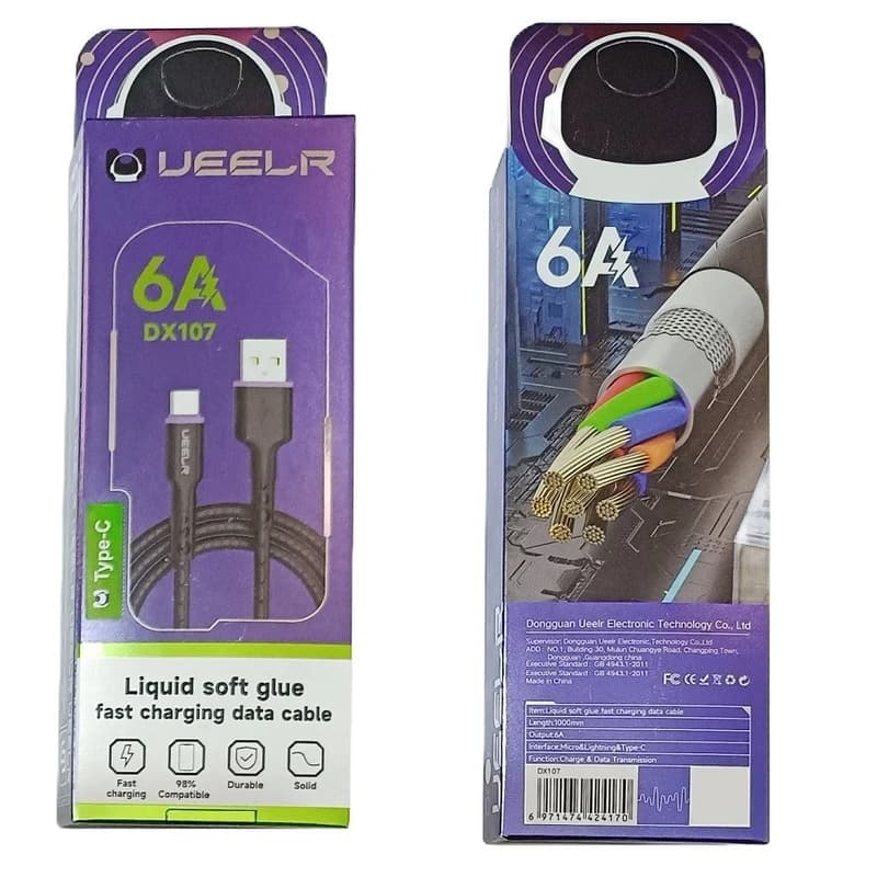 کابل شارژ UEELR مدل DX107 از نوع USB به Type-C طول 1 متر سفید | فست شارژ 6 آمپر
