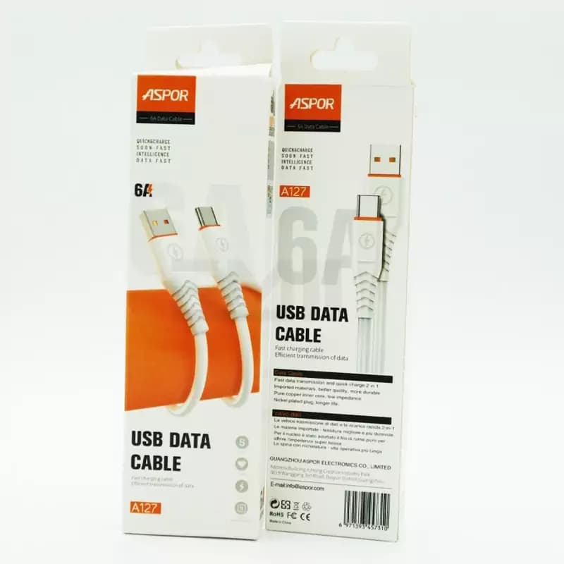 کابل شارژ ASPOR مدل A127 از نوع USB به Type-C طول 1 متر | فست شارژ 6 آمپر — تصویر ۳