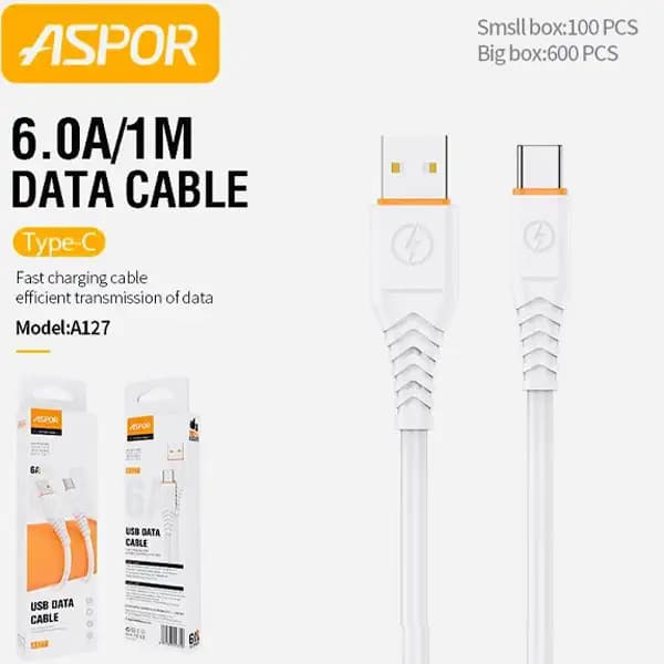 کابل شارژ ASPOR مدل A127 از نوع USB به Type-C طول 1 متر | فست شارژ 6 آمپر — تصویر ۲