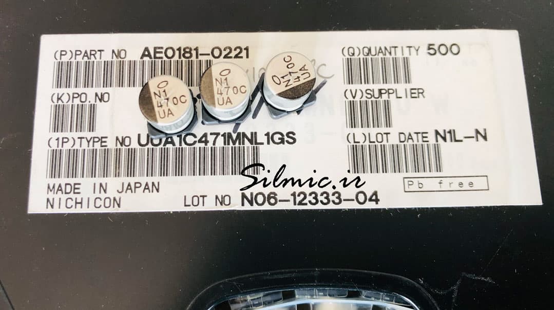 خازن 470 میکرو فاراد 16 ولت Nichicon ژاپن نوع SMD سری UUA طول عمر بالا