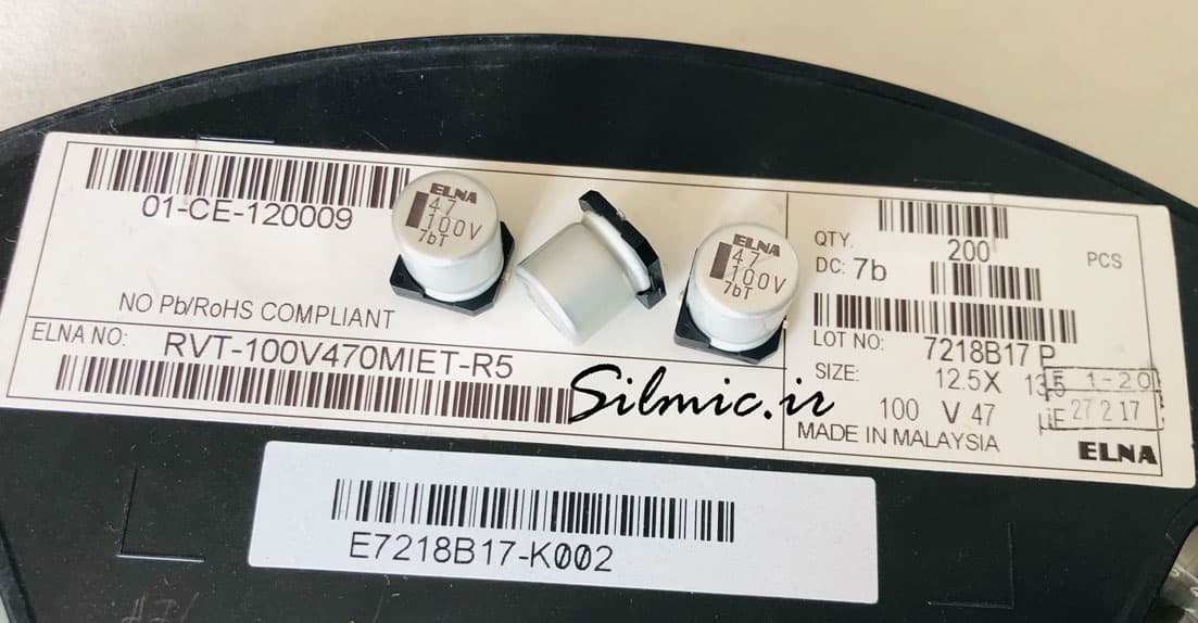 خازن 47 میکرو فاراد 100 ولت ELNA نوع SMD سری RVT دمای 125 درجه Long Life
