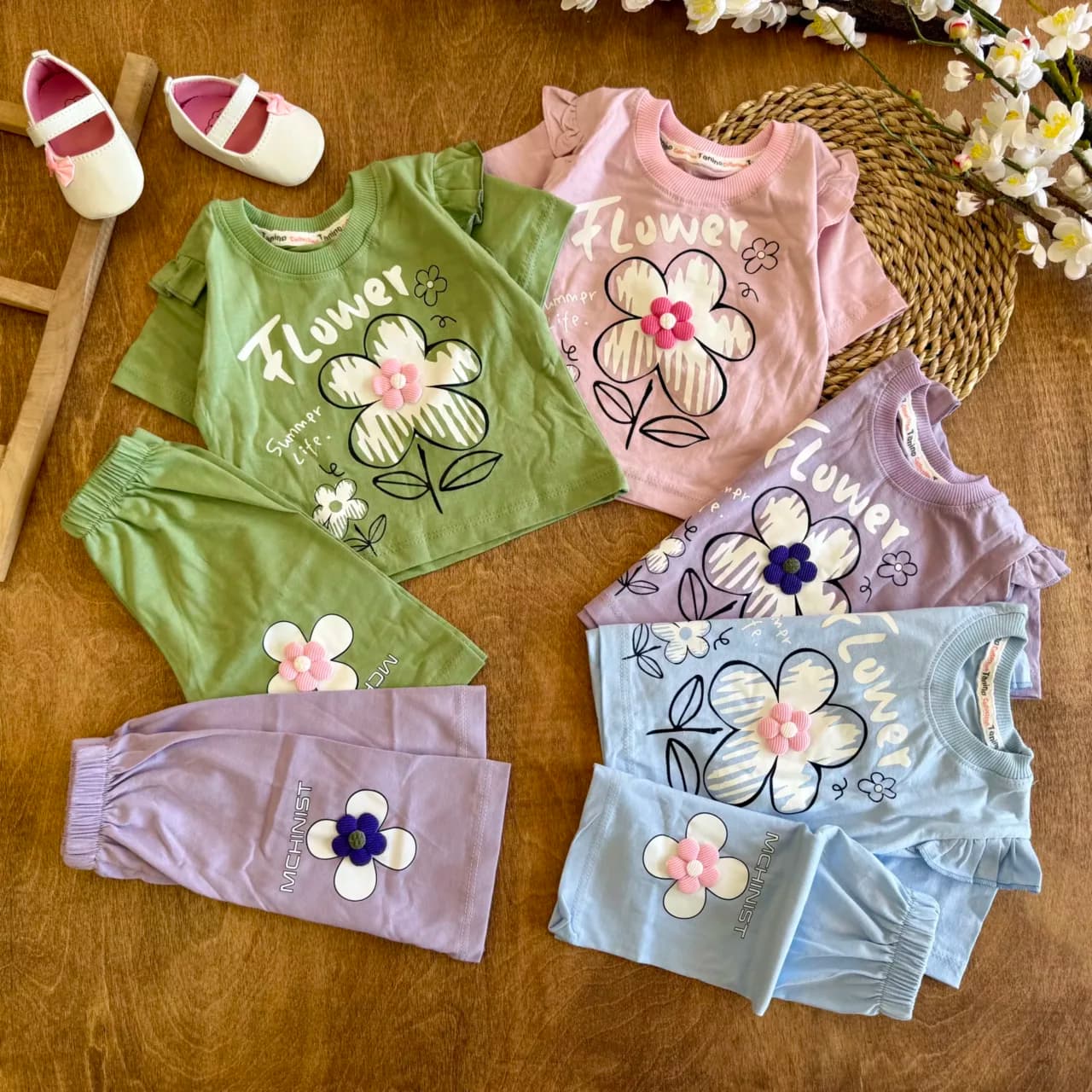 تیشرت شلوارک گل بر جسته آستین چین دار Summer کد 6644