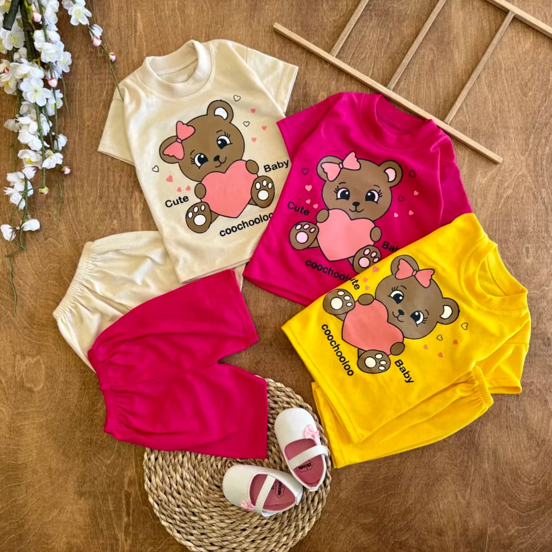 تیشرت شلوارک خرس قلبی cute baby سایز 4 تا 6 کد 6512