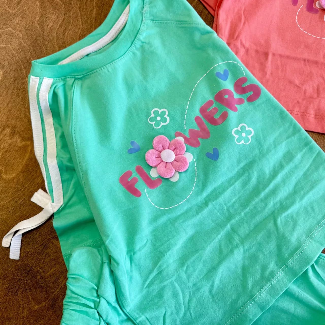 کراپ رگلان و شلوارک نواردار گل برجسته Flowers کد 6114 — تصویر ۴