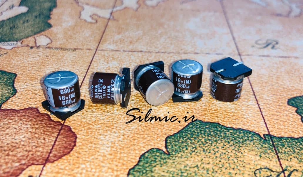 خازن 680 میکرو فاراد 16 ولت elna ژاپن نوع SMD سری RVZ مینیاتوری امپدانس پایین — تصویر ۳
