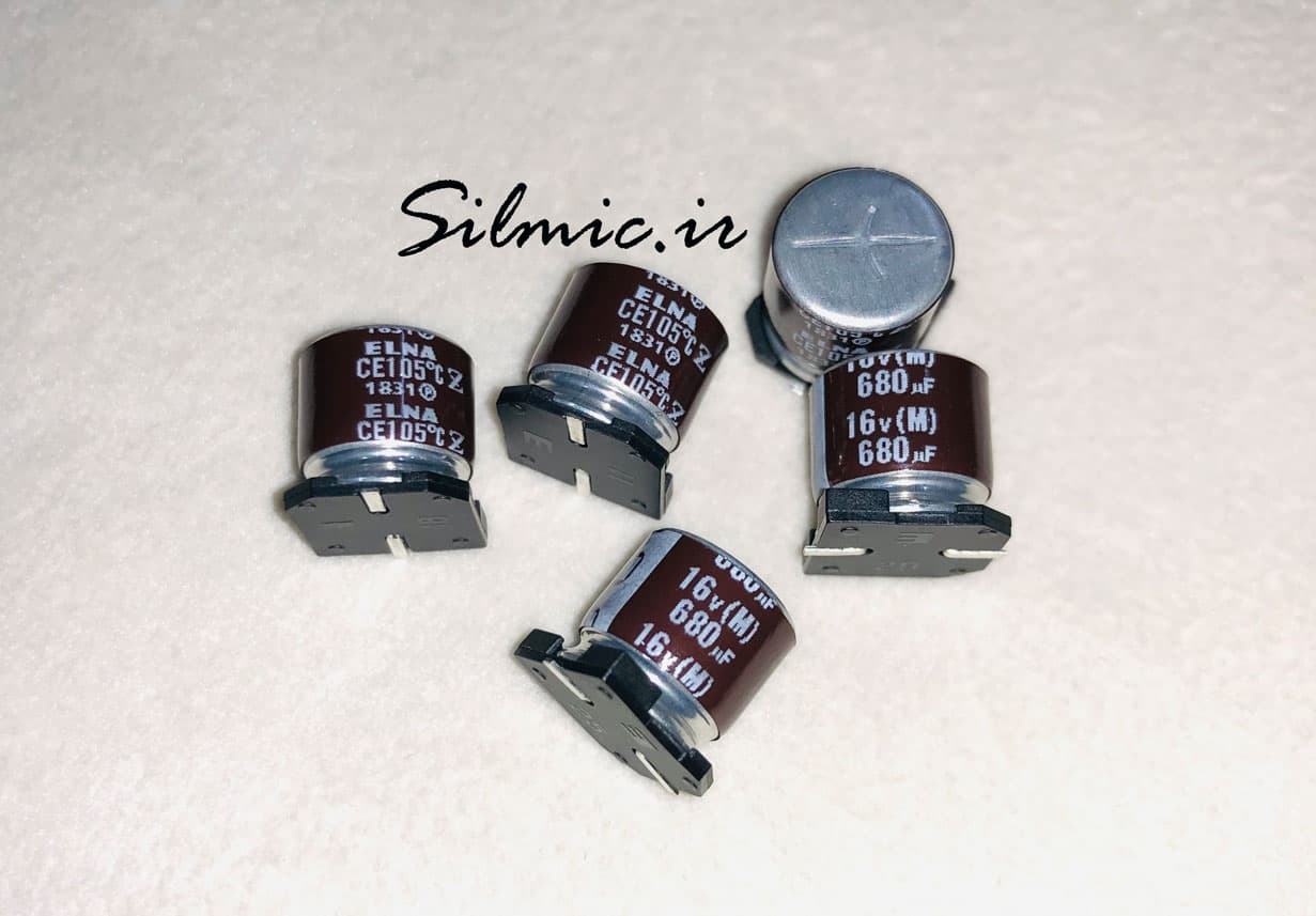 خازن 680 میکرو فاراد 16 ولت elna ژاپن نوع SMD سری RVZ مینیاتوری امپدانس پایین