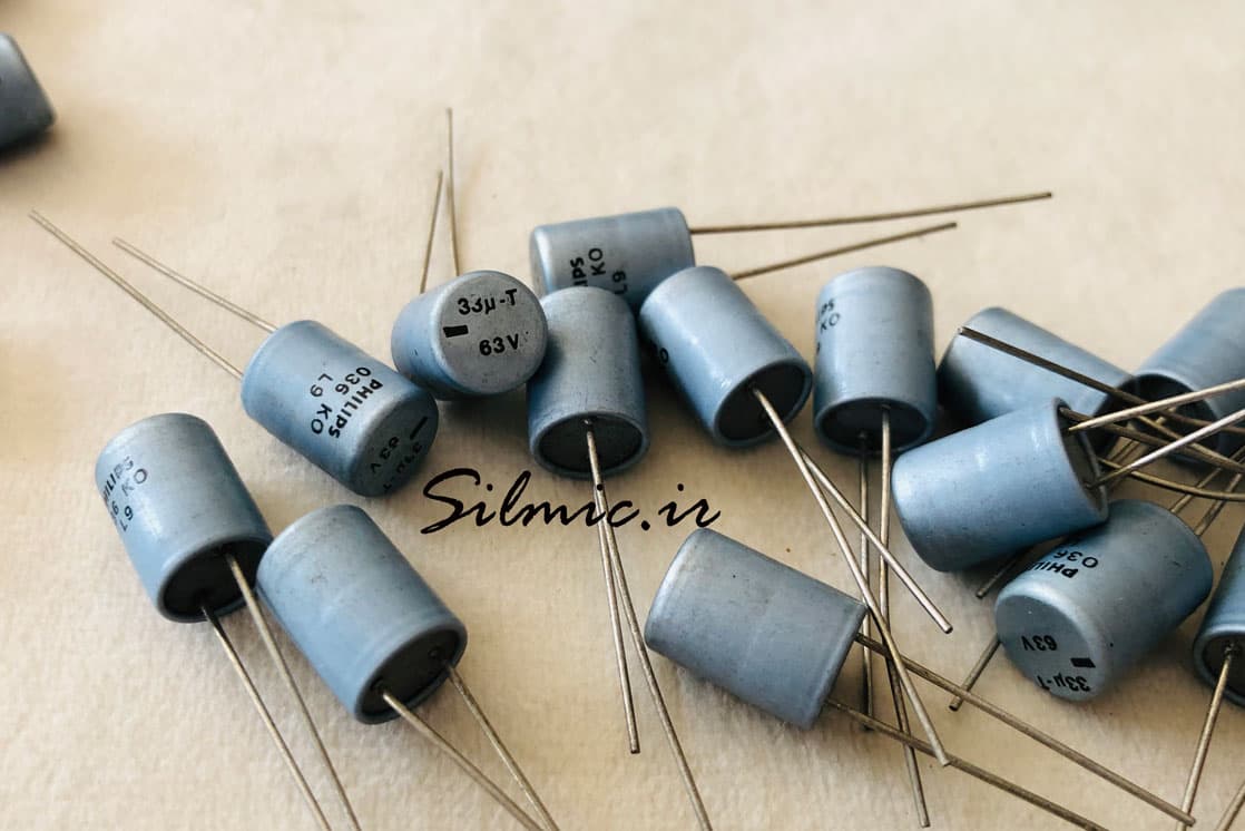 خازن 33 میکرو فاراد 63 ولت ساخت philips آلمان سری 036 RSB کوپلاژ بای پس تایم