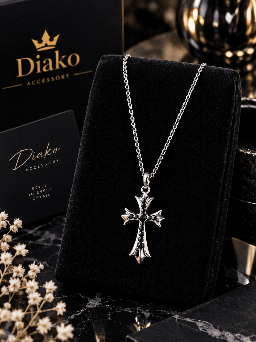 گردنبند صلیب نگین‌دار مشکی استیل | مدل کراس گوتیک