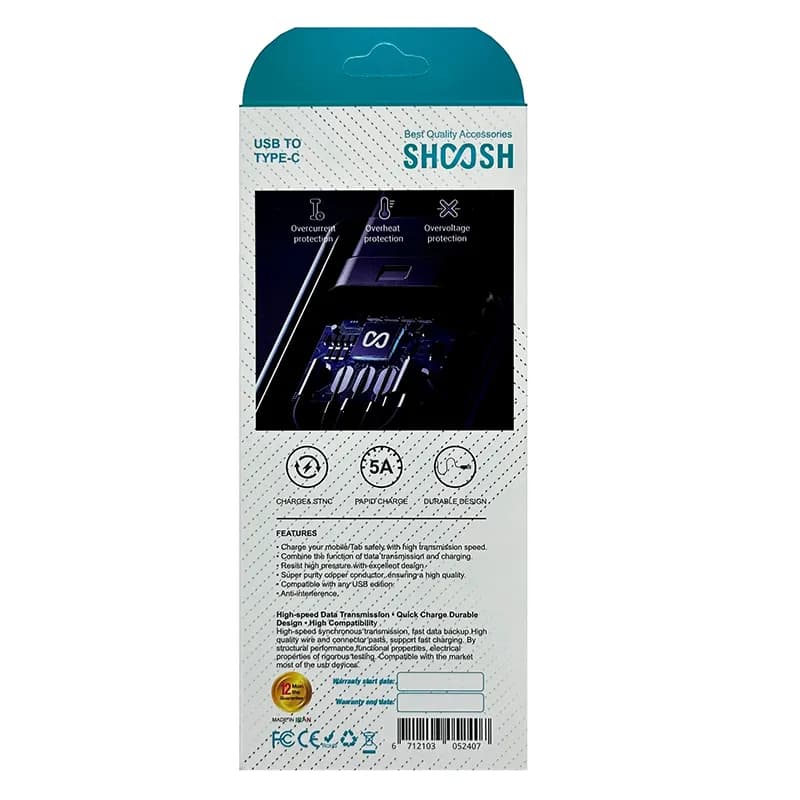 کابل تایپ سی فست شارژ Shoosh SH407C 5A 1.1m — تصویر ۲