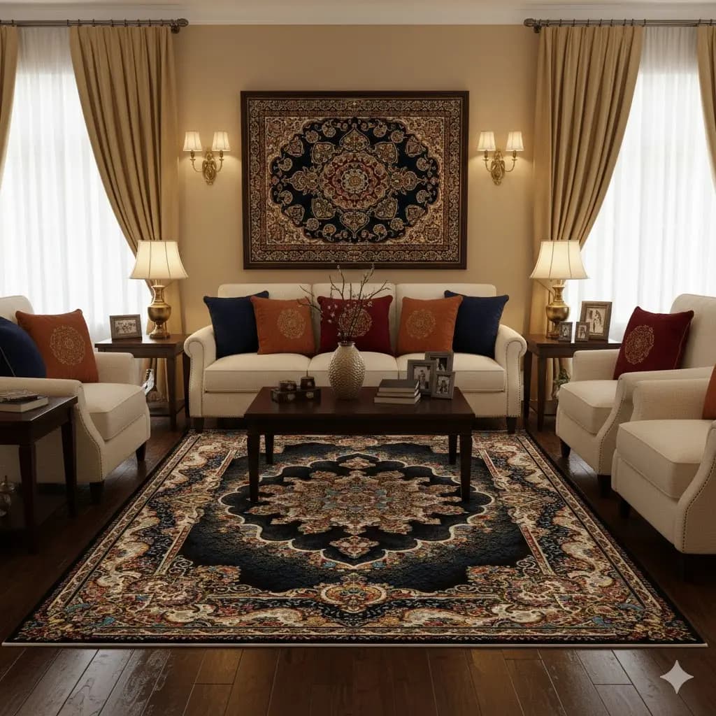 فرش کلکسیون کلاسیک کد N-101، رنگ سرمه ای چهارمتری — تصویر ۲