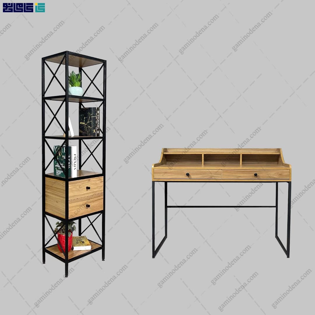 ست میز تحریر و کتابخانه فلزی یاس