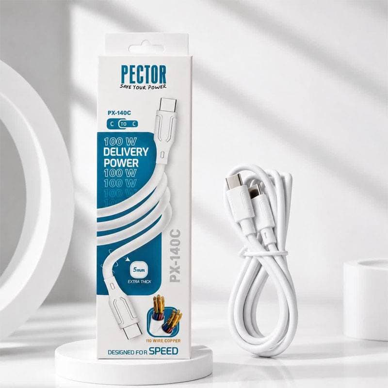 کابل Pector PX-140C یک کابل قدرتمند USB-C به USB-C با پشتیبانی از توان حداکثری 100 وات است که برای شارژ انواع دستگاههای مجهز به درگاه Type-C طراحی شده است. — تصویر ۲