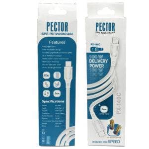 کابل Pector PX-140C یک کابل قدرتمند USB-C به USB-C با پشتیبانی از توان حداکثری 100 وات است که برای شارژ انواع دستگاههای مجهز به درگاه Type-C طراحی شده است. — تصویر ۳