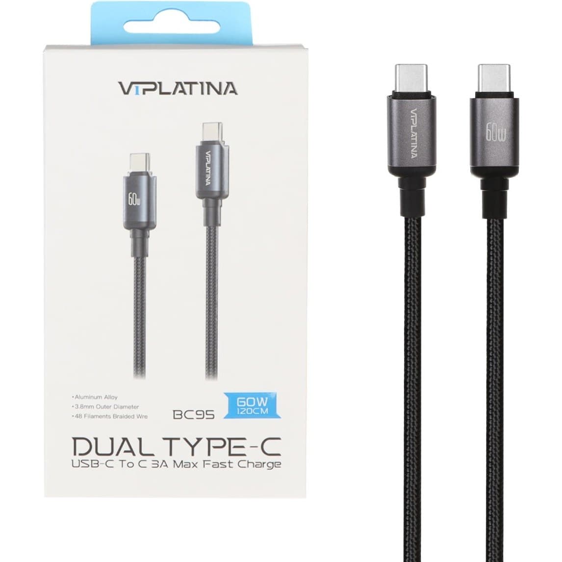 کابل شارژ فست VIPLATINA Type-C To Type-C مدل BC95 60W – مشکی