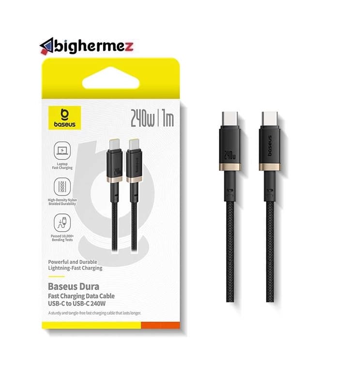 کابل شارژ سریع USB-C به USB-C بیسوس مدل Dura 240W طول 1m – مشکی/طلایی — تصویر ۲