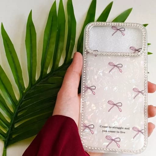 قاب گوشی Iphone 17 Pro Max آیفون CEA Bear ماربل لوکس لنز Silver ایربگ دار طرح پاپیون رنگ صورتی