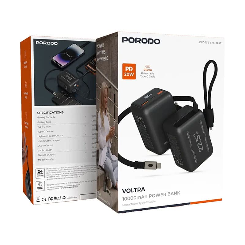 پاوربانک 10000mAh فست کابل متصل پرودو مدل ولترا Porodo Voltra 10000mAh Power Bank 22.5W — تصویر ۵