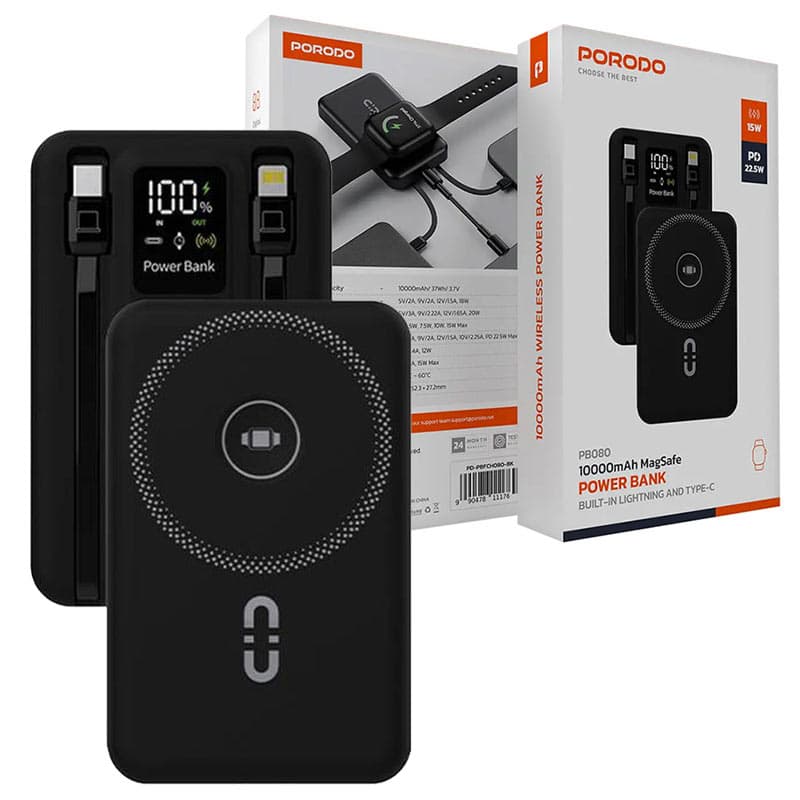 پاوربانک 10000mAh فست+وایرلس و کابل متصل پرودو Porodo 10000mAh MagSafe PowerBank PB080 — تصویر ۶