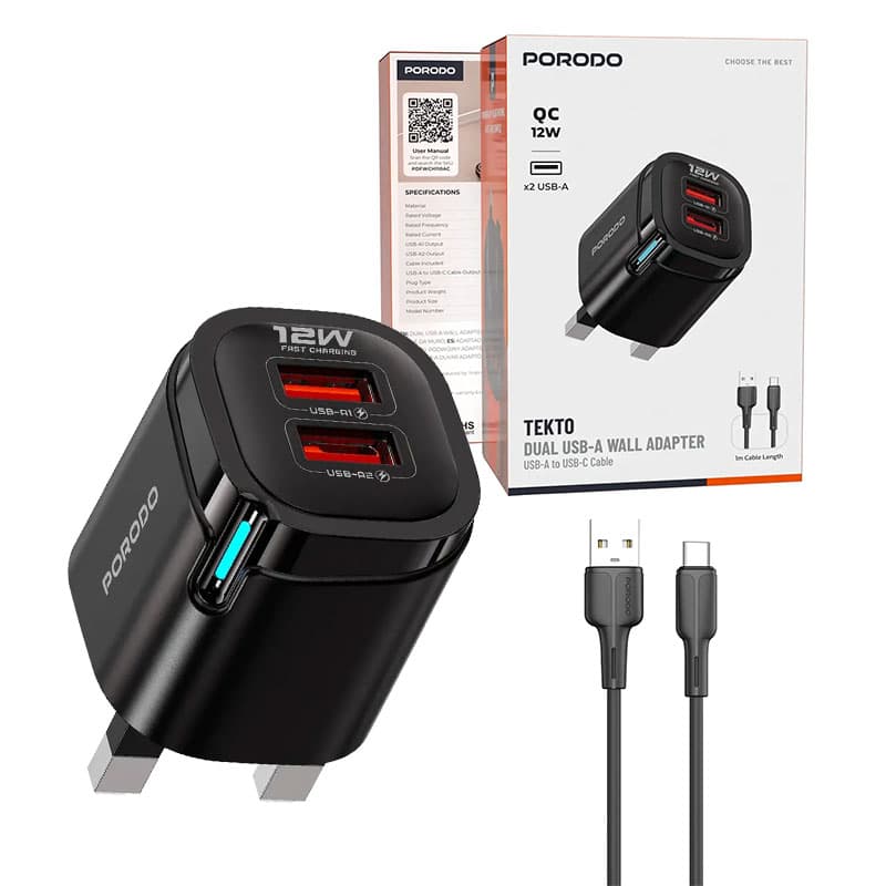 آداپتور شارژر 2 پورت 3 پین اسمارت بهمراه کابل Type-C مدل تکتو پرودو Porodo Tekto Dual USB-A Adapter