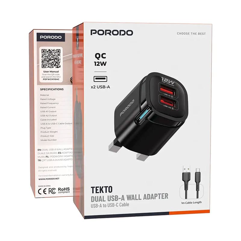 آداپتور شارژر 2 پورت 3 پین اسمارت بهمراه کابل Type-C مدل تکتو پرودو Porodo Tekto Dual USB-A Adapter — تصویر ۴