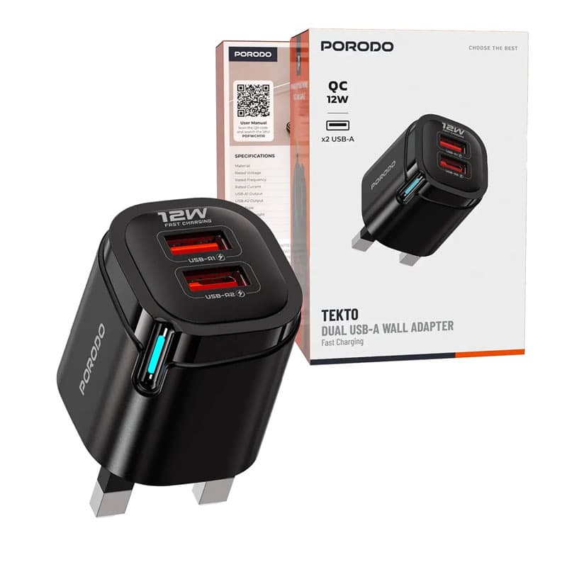 آداپتور شارژر 2 پورت 3 پین اسمارت 12 وات پرودو مدل تکتو Porodo Tekto Dual USB-A Wall Adapter FWC110