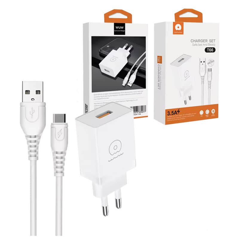 آداپتور شارژر با کابل TYPE-C یک متری WUW T66
