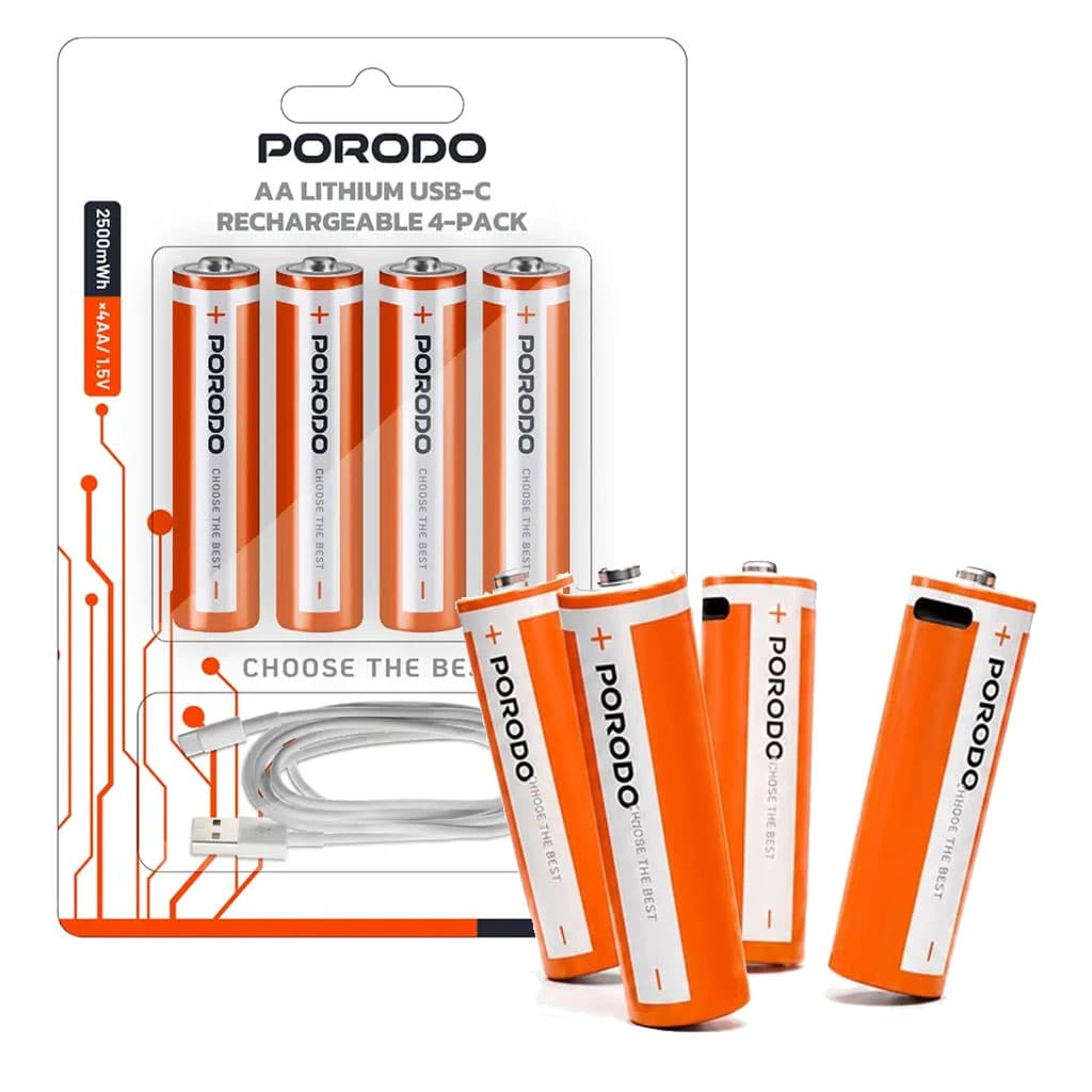 باتری قلمی شارژی4 عددی پورت Type-C پرودو مدل Porodo AA Lithium USB-C Rechargeable PDAA25RB