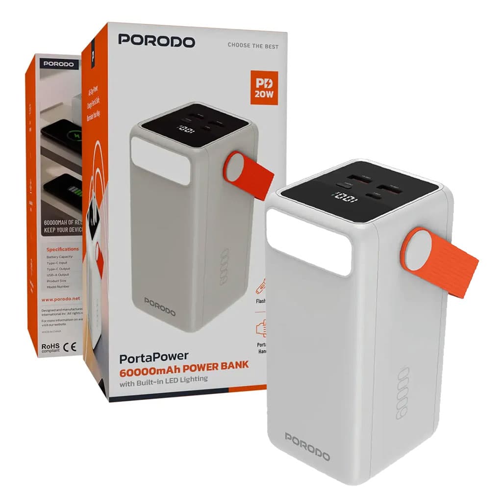 پاوربانک 60000mAh فست چراغ دار پرودو مدل پورتاپاور Porodo Powerbank & Flashlight Portapower PD20W