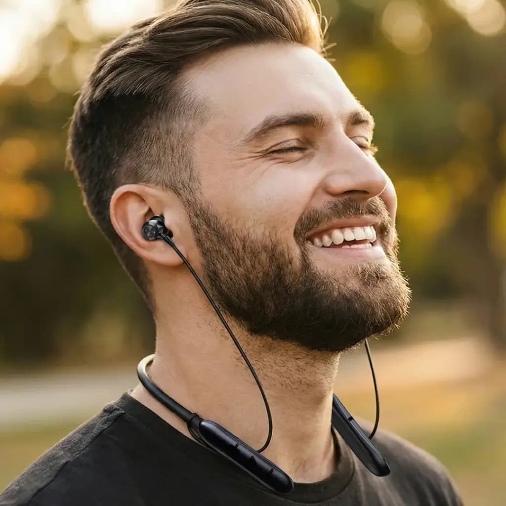 هدفون بلوتوث گردنی نویزگیردار پرودو مدل آورابند Porodo Soundtec Auraband Neckband ENC Earphones — تصویر ۳