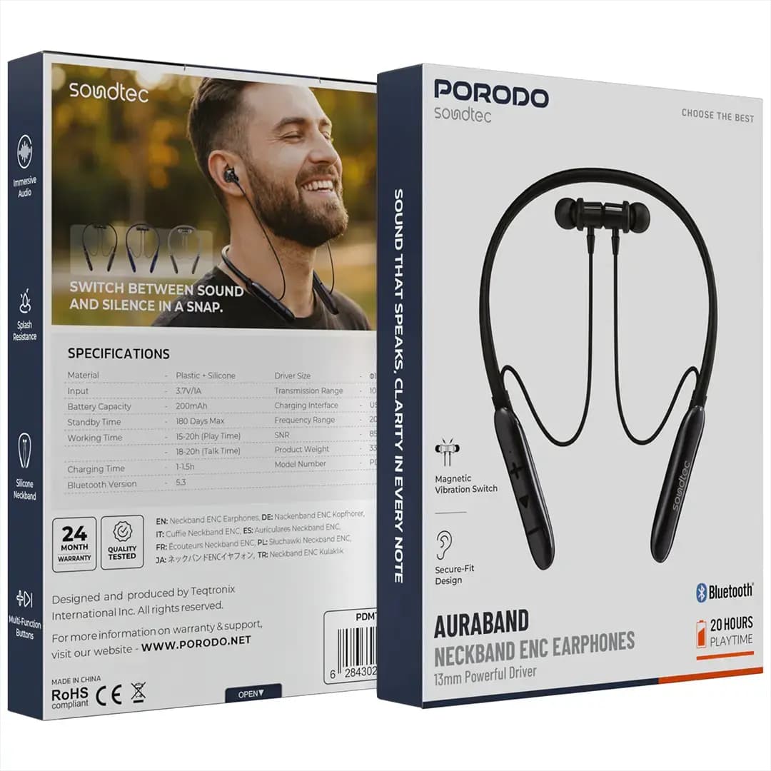 هدفون بلوتوث گردنی نویزگیردار پرودو مدل آورابند Porodo Soundtec Auraband Neckband ENC Earphones — تصویر ۲