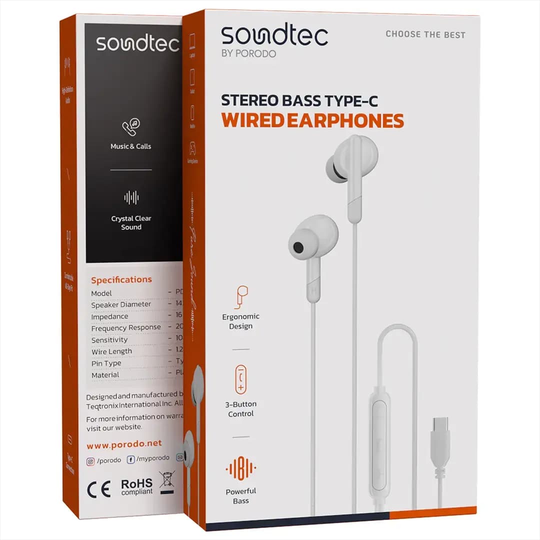 هدفون سیمدار میکروفن دار Type-C پرودو Porodo Soundtec Stereo Bass Type-C Wired Earphones PD3BWEC25 — تصویر ۳