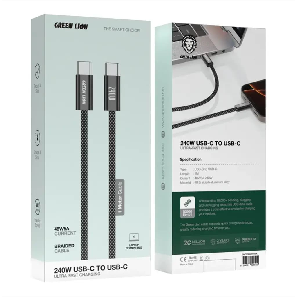 کابل شارژ و دیتا دو سر Type-c سوپرفست 1 متری 240 وات مناسب لپ تاپ Green Lion T.c to T.c Cable 240W — تصویر ۳