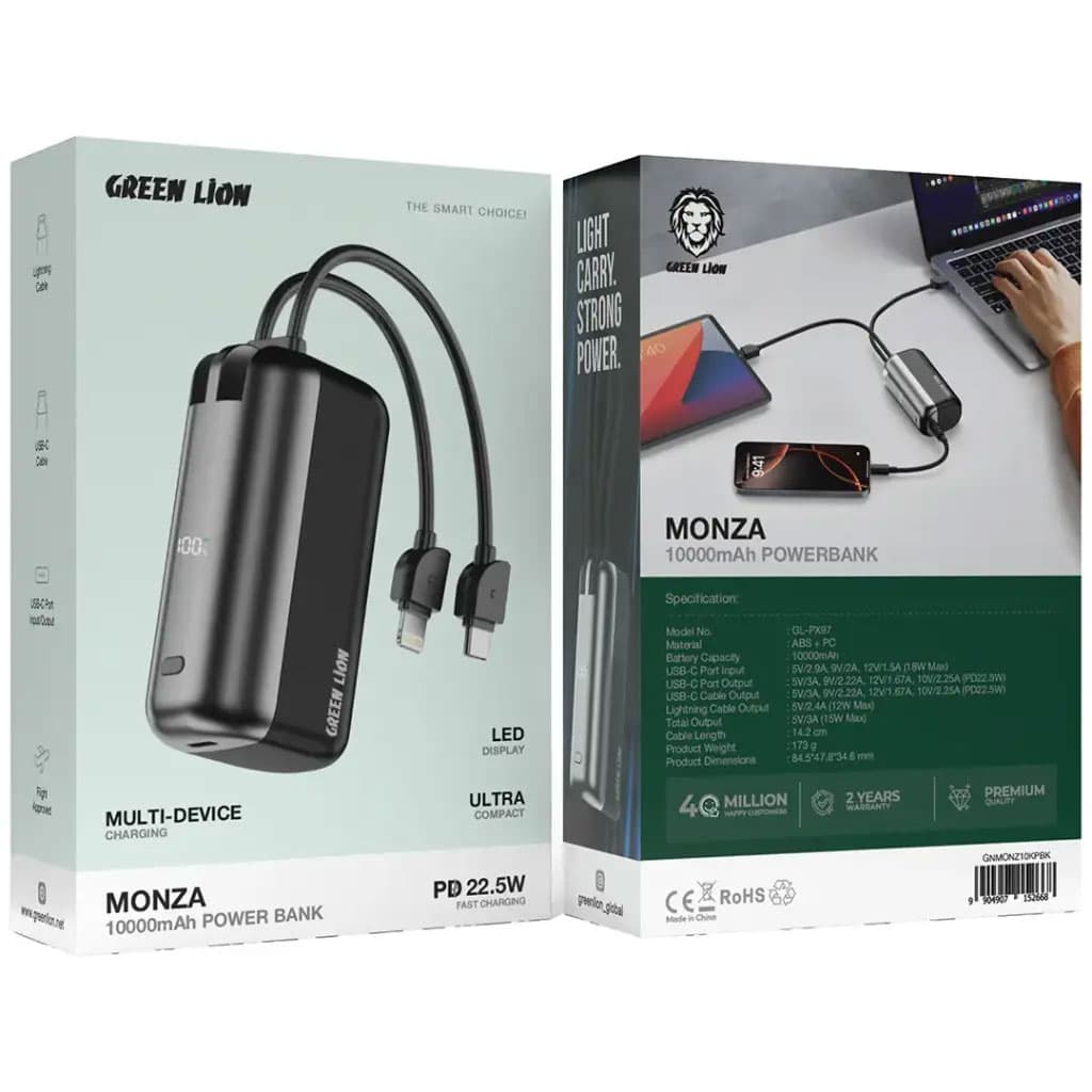 پاوربانک 10000mAH سوپرفست کابل متصل گرین لاین مدل مونزا Green Lion Power Bank Monza 10000mAh 22.5 W — تصویر ۳