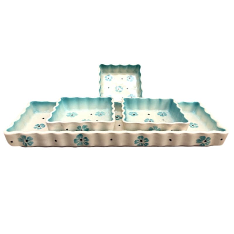 اردوخوری سرامیکی 4 تکه طرح گل فیروزه ای — تصویر ۴
