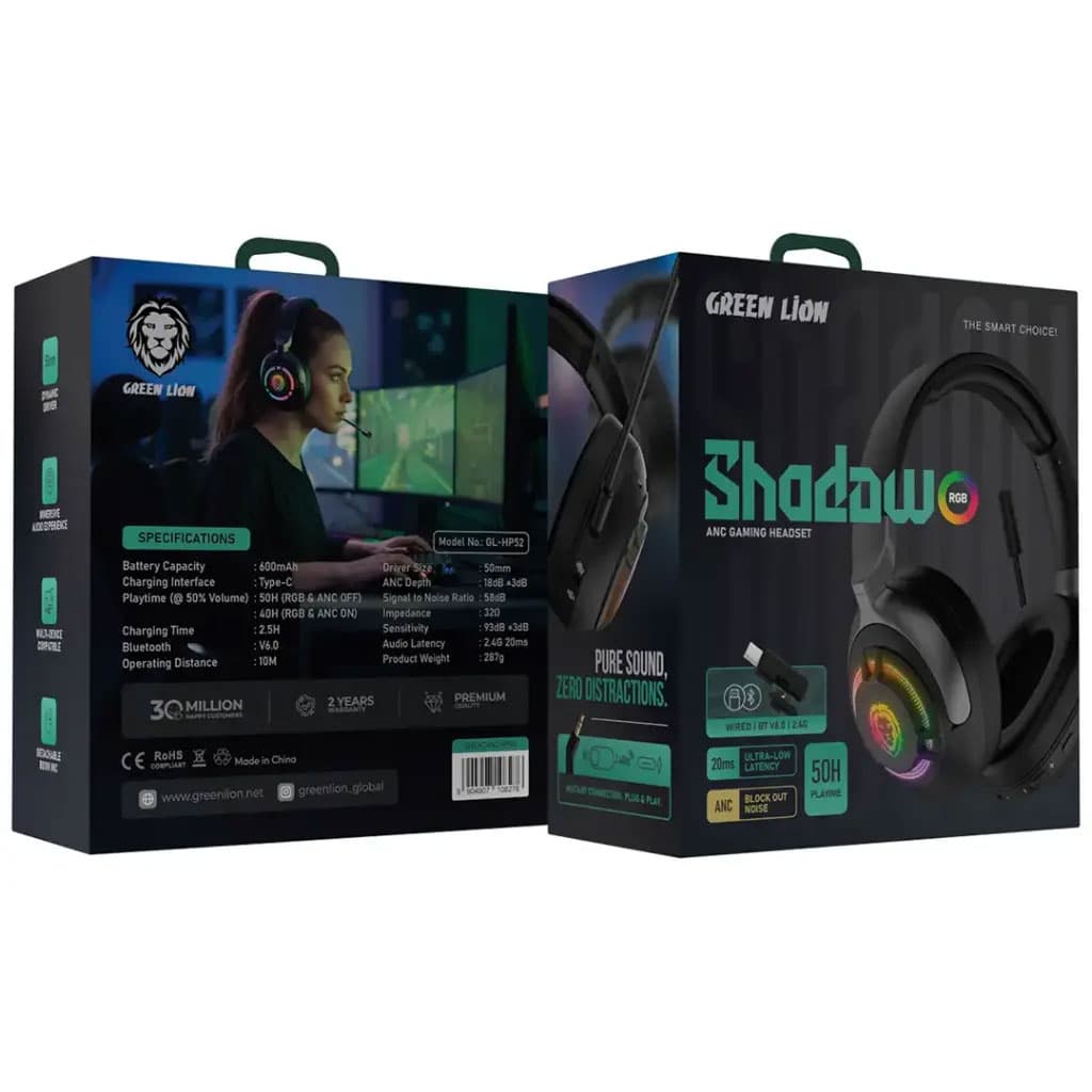 هدست بلوتوثی و سیمدار گیمینگ نویزگیردار خلبانی شادو Green Lion Shadow Gaming Headphone ANC GL-H52 — تصویر ۴