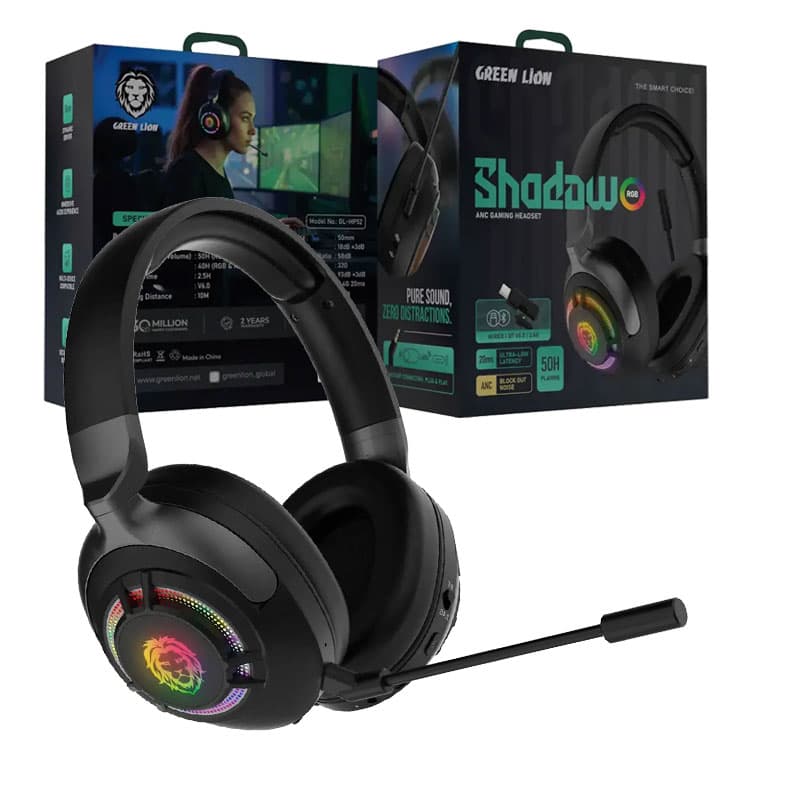 هدست بلوتوثی و سیمدار گیمینگ نویزگیردار خلبانی شادو Green Lion Shadow Gaming Headphone ANC GL-H52
