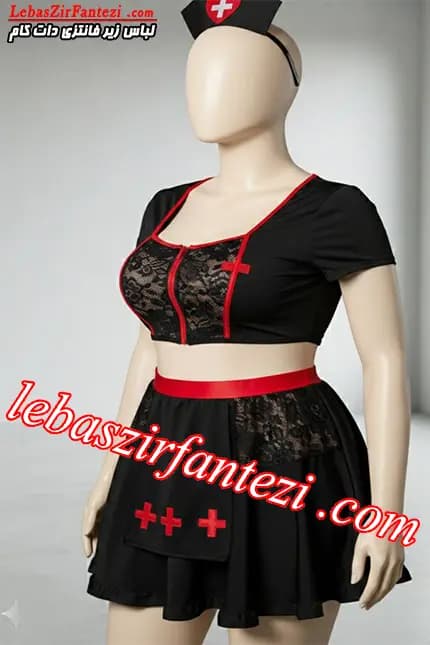 کاستوم پرستاری نیم تنه زیپدار | ست لباس خواب پرستاری مشکی و قرمز